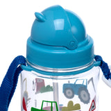 Close-up view of the upper section of a clear children's water bottle, featuring a blue flip-top lid, blue carry strap, and a 'Little Tractors' graphic pattern with green and blue farm vehicles.