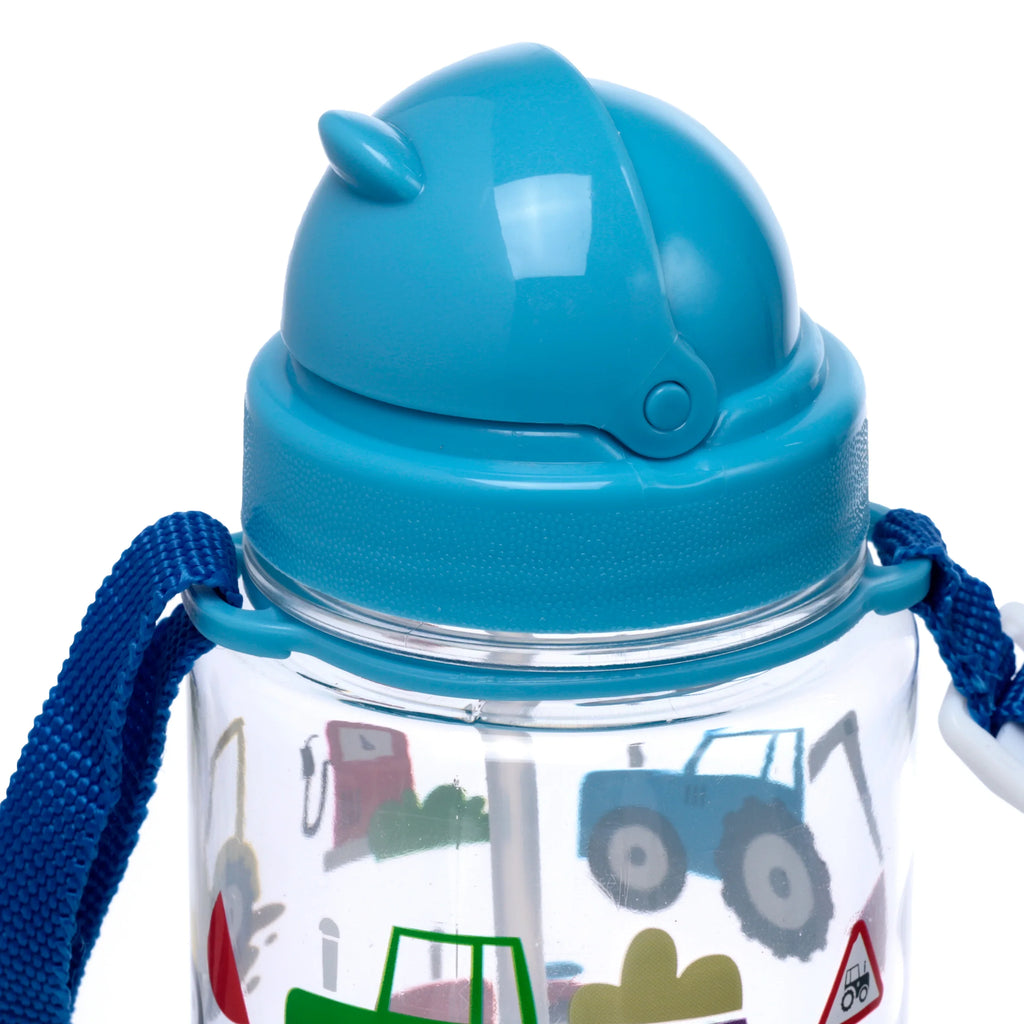 Close-up view of the upper section of a clear children's water bottle, featuring a blue flip-top lid, blue carry strap, and a 'Little Tractors' graphic pattern with green and blue farm vehicles.