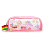 Pink clear window pencil case, showcasing two unicorns, clouds, and a rainbow illustration through the transparent panel, with a rainbow-striped fabric loop.