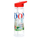 Angled view of a clear reusable water bottle with a red flip straw lid. The bottle features a detailed London cityscape illustration including Big Ben, a red double-decker bus, and bold 'LONDON' text.