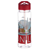 Front view of a clear reusable water bottle with a red flip-straw lid. It features a British London skyline design with landmarks like the Tower of London, Big Ben, and a red double-decker bus, and partial 'ON L' text at the bottom.