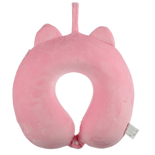 Front view of a pink plush U-shaped memory foam travel pillow, designed in a pig shape with rounded ears, a top hanging loop, and a white front clasp.