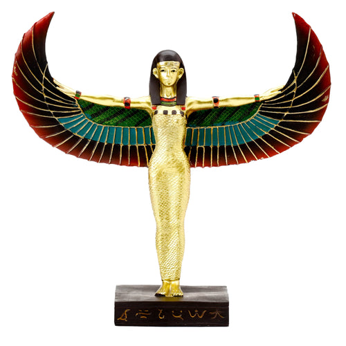 Front view of a decorative gold Egyptian Winged Standing Isis Figurine. The golden figure features widespread, multi-colored wings in red, black, green, and turquoise, and stands on a dark base with gold hieroglyphic symbols.