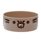 Front view of a round light brown bento lunch box tier, featuring a dark brown Pusheen the Cat face design.