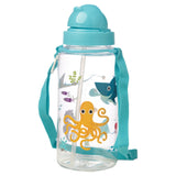 Angled view of a clear children's water bottle with a turquoise blue lid and shoulder strap. The bottle features a colourful sealife design of an orange octopus, a blue shark, and purple fish, with an internal straw.
