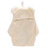 Back view of a cream polar bear-themed plush hot water bottle cover, showing the rear opening flap with hook-and-loop fastening and a top ribbon hanging loop.