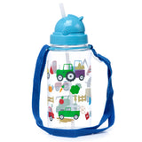 A clear children's water bottle with a blue sippy lid, a visible white straw, and a blue fabric carrying strap. The bottle features colourful illustrations of green, red, and purple tractors, various farm vehicles, pumpkins, and carrots.