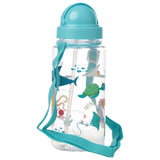 Clear children's water bottle with a turquoise pop-up lid and fabric strap, decorated with colourful sealife illustrations including a shark, turtle, octopus, and fish.