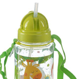 Close-up of a children's water bottle featuring a lime green lid with an upright straw, a clear body decorated with colourful zoo animal illustrations including a giraffe, and a bright green fabric carry strap.