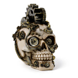 Three-quarter view of a Steampunk skull figurine, aged bone-coloured with detailed bronze and dark metallic cogs, gears, and springs.