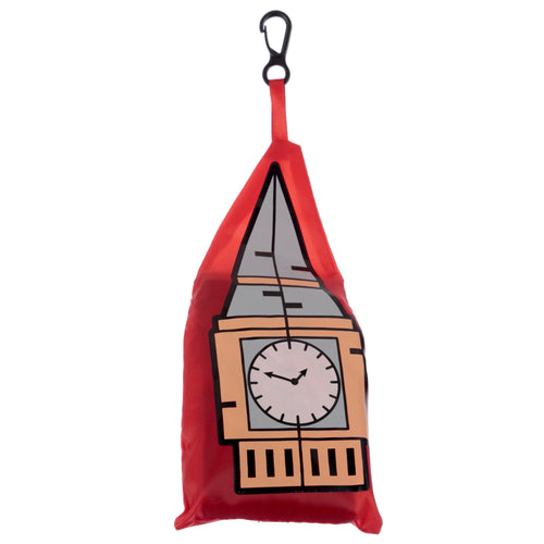 Front view of a red foldable shopping bag with a cartoon Big Ben design and a black carabiner clip.
