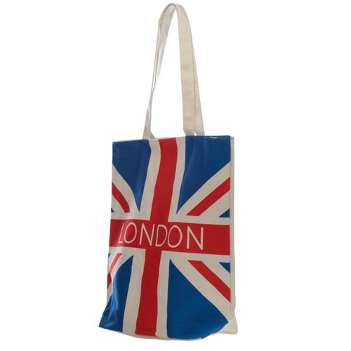 Front view of a cotton shopping bag featuring a Union Jack flag design with 'LONDON' printed in white, and cream handles.