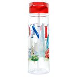 Front view of a clear reusable water bottle with a bright red lid and an internal straw. The bottle features a London tour design with iconic landmarks like Big Ben, Tower Bridge, and a red double-decker bus, along with bold red and blue 'LONDON' lettering.
