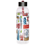 Front view of a clear reusable 500ml water bottle, featuring a metallic lid and a visible red straw. The bottle is adorned with colourful illustrations of London icons, such as red double-decker buses, the Shard, the Gherkin, a red telephone box, the London Eye, and Big Ben.