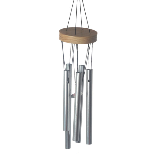 Decorative 37cm metal garden wind chime, featuring a round light wood top with silver-coloured tubular chimes and black suspension cords.