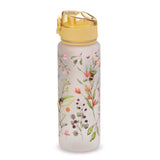 Upright view of a frosted translucent 600ml shatterproof water bottle with a yellow pop-top lid, adorned with a vibrant Nectar Meadows pattern featuring wildflowers and bumblebees.