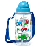 Front view of a clear children's water bottle with a blue flip-top lid, an internal straw, and a blue carry strap, decorated with colourful farm tractor illustrations.