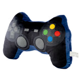 Angled view of a blue and black plush game controller cushion, made from soft fabric and featuring colourful yellow, green, red, and blue control buttons, along with a grey D-pad.