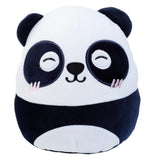 Front view of a soft, white and black panda plush toy, featuring an embroidered smiling face with closed eyes and pink cheek details.