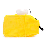 Yellow plush bumble bee hot water bottle cover with white wings, black antennae, and a black hanging loop, shown lying horizontally.