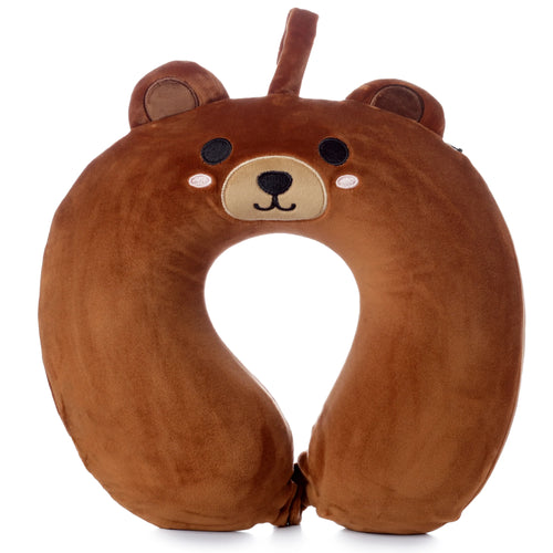 Front view of a brown plush bear memory foam travel pillow with an embroidered face.