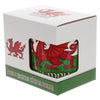 Angled view of a white porcelain collectable mug featuring a red Welsh Dragon and 'CYMRU' text, partially seen through a cutout in its white and green packaging box, which also displays red dragon motifs and 'new bone china mug' text.