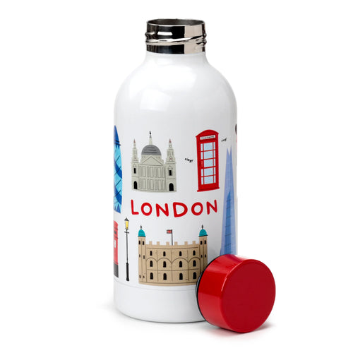 Angled view of a white stainless steel insulated drinks bottle featuring colourful London landmarks including the Tower of London, St Paul's Cathedral, and a red telephone box, with a metallic neck and a red screw-top lid positioned next to it.