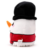 Cole the Snowman plush toy, angled rear view showing its black top hat, red scarf, and orange carrot nose on its white head.