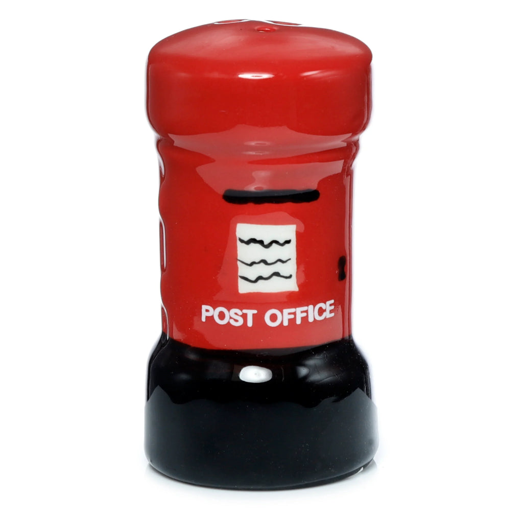 Front view of a red and black ceramic novelty letterbox shaker, depicting a mail slot and white 'POST OFFICE' text.