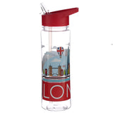 Angled view of a clear reusable water bottle with a red flip-up straw and lid. The bottle features a colourful London skyline illustration depicting Tower Bridge, The Shard, and a Union Jack hot air balloon, above a red 'LON' band.