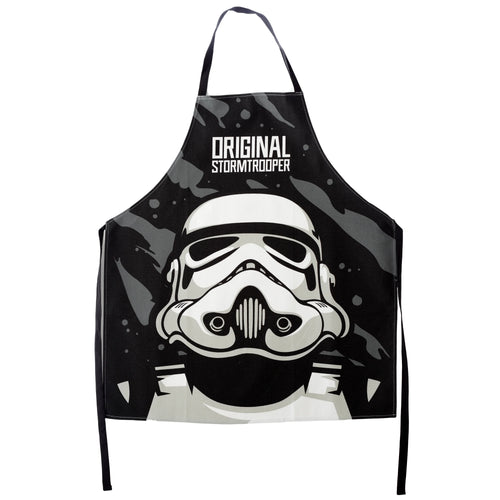 Front view of a black cotton apron featuring a white and grey stormtrooper helmet graphic and ORIGINAL STORMTROOPER text.