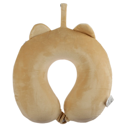 Front view of a light brown plush U-shaped memory foam travel pillow with small rounded ears, a hanging loop, and a bottom fastening.