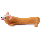 Side view of an elongated tan and white corgi stretchy toy with black eyes, a pink tongue, and pink inner ears.