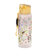 Angled view of a 600ml shatterproof water bottle, frosted white with a colourful nectar meadows floral and bumblebee pattern, featuring a yellow pop-top lid and a yellow fabric strap.