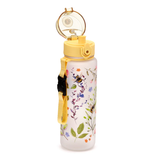Angled view of a frosted water bottle with an open yellow pop-top lid, decorated with a colourful floral and bee pattern, and a yellow carrying strap.