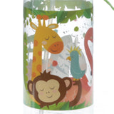 Close-up of a clear children's water bottle depicting a colourful zoo animal design with a giraffe, monkey, blue bird, and part of a pink flamingo amidst green foliage.