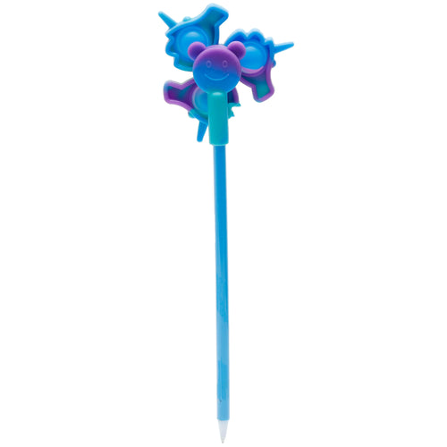 Full, upright view of a multi-coloured fidget spinner pen with a blue body and a purple, blue, and teal spinner top. The spinner features a smiling bear-like face at its centre, flanked by three arms with pop-it bubbles, designed with unicorn and dinosaur motifs, presented on a white background.