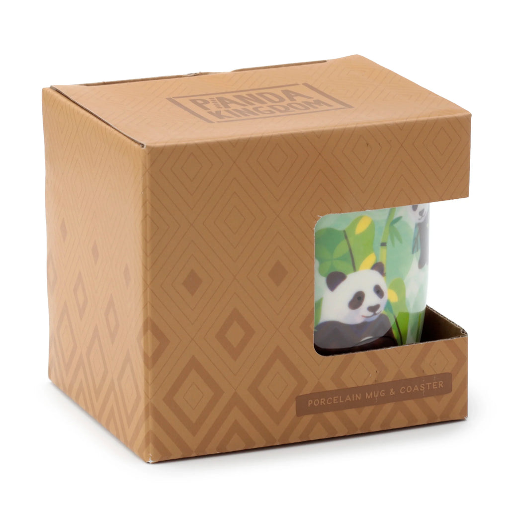 Angled view of a brown cardboard gift box for a porcelain mug and coaster set. A colourful panda and green bamboo design on the white mug is visible through the box's window. The box features a geometric diamond pattern and Panda Kingdom text on its top surface.