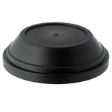Angled view of a black, round component of a stacked bento lunch box, showing its textured, sloped sides and flat top with a small central indentation.