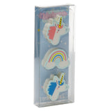 Front view of a 3-piece eraser set featuring two unicorn head erasers (one with pink mane, one with blue mane) and a rainbow cloud eraser, displayed in clear plastic packaging.