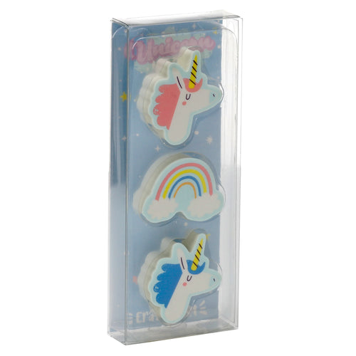 Angled view of an eraser 3 piece set, featuring two white unicorn erasers with pink and blue manes, and a single cloud eraser with a multicoloured rainbow, presented in clear packaging.