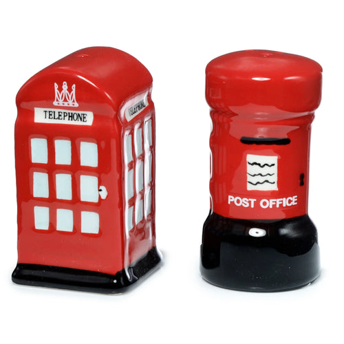 Angled view of novelty ceramic salt and pepper shakers, shaped like a red British telephone box and a red letterbox, featuring white windows, a crown motif, 'TELEPHONE' text, and 'POST OFFICE' text in red, white, and black colours.