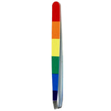 Angled view of rainbow-coloured tweezers with red, orange, yellow, green, blue, and indigo stripes.