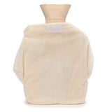 Cream plush hot water bottle, positioned to show a white velcro closure on its cover, and the light beige neck stamped 'BS 1970:2012'.