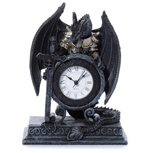 Front view of a Gothic Armoured Dragon Mantle Clock, featuring a dark gray dragon with gold armor holding a sword, surrounding a clock face with Roman numerals, on an ornate decorative base.