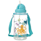 Clear children's water bottle, featuring a sealife design with an orange octopus, blue turtle, and various colourful fish and coral. It has a teal domed lid with an integrated white straw, and a matching teal fabric strap attached around its neck.