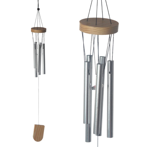 Decorative metal garden wind chime with silver-coloured tubes, a round light wood top, and a wooden clapper, featuring a close-up of the tubes and disc.