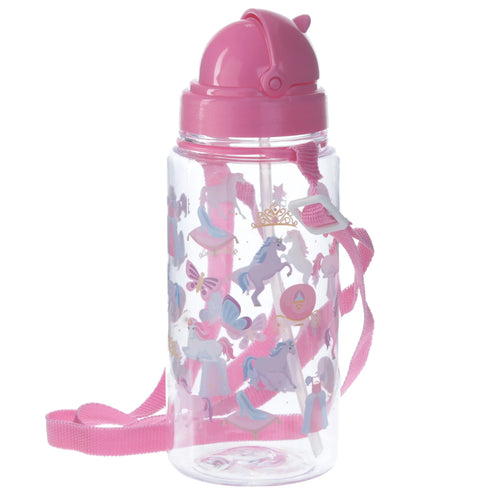 Angled view of a clear children's water bottle with a pink lid and a pink fabric carrying strap. It features a rainbow unicorn design with pastel unicorns, butterflies, crowns, carriages, and princess dresses.