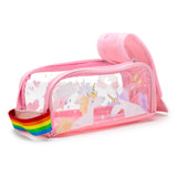 Angled view of a pink clear window pencil case, featuring a unicorn and rainbow design visible through the transparent front panel, with a colourful rainbow loop at one end.