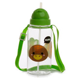 Front view of a clear children's water bottle with a bright green lid, pop-up straw, and green carry strap, featuring a brown cartoon dinosaur design with a 'ROAR' speech bubble.